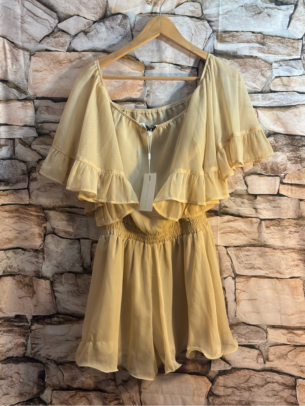Endless Rose Pale Yellow Off-Shoulder Romper with Ruffle Sleeves - Picture 2 of 2